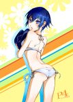  ass bare_shoulders bikini blue_eyes blue_hair blush breasts cabbie_hat from_behind hair_between_eyes hat koge1102 legs looking_at_viewer open_mouth persona persona_4 shirogane_naoto short_hair solo standing swimsuit title_drop 