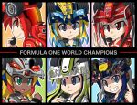  annotated blue_eyes chibi dark_skin fernando_alonso ferrari formula_one genderswap green_eyes headset helmet highres jenson_button kimi_raikkonen lewis_hamilton mercedes-benz michael_schumacher miyako_f1 multicolored_hair multiple_girls personification red_bull red_eyes renault sebastian_vettel 