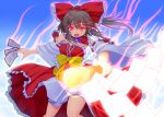  adapted_costume asamura_hiori aura bow brown_hair detached_collar detached_sleeves glowing glowing_eyes glowing_weapon gohei hair_bow hair_tubes hakurei_reimu miko off_shoulder ofuda open_mouth red_eyes skirt smile solo touhou weapon 