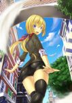  architecture ass bad_id bird black_hair blonde_hair blurry depth_of_field feathers from_behind kyon_(fuuran) long_hair looking_back original purple_eyes short_shorts shorts smile solo thigh-highs thigh_gap thighhighs thighs violet_eyes yukimi_dango 