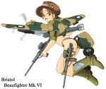  airplane ass boots bristol_beaufighter brown_hair canopy character_name green_eyes gun hat kirio_(ccr00235) looking_back mecha_musume military open_mouth original personification short_hair simple_background torpedo weapon wheel white_background world_war_ii 