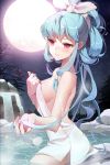  blue_hair blush bow breasts full_moon gilse hair_ribbon holding linus linus_falco long_hair lowres moon night onsen open_mouth outdoors outstretched_arm ponytail red_eyes ribbon sideboob sitting smile star sword_girls towel very_long_hair water wavy_hair wet 