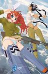  animal_ears antenna_hair ass assault_rifle black_hair blue_eyes breasts bunny_ears cat_ears charlotte_e_yeager cloudy_sky crybringer dark_skin flat_chest flying francesca_lucchini gun highres large_breasts left-handed looking_at_viewer m1918_bar multiple_girls orange_hair panties rabbit_ears rifle salute straining_buttons strike_witches striker_unit striped striped_panties tail underwear weapon 
