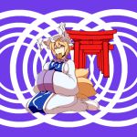  aburaage animal_ears blonde_hair dearmybrothers food fox_tail hands_together highres looking_at_viewer mouth_hold multiple_tails short_hair sitting solo tail torii touhou wariza yakumo_ran yellow_eyes 
