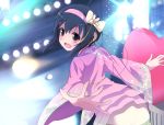  :d black_hair bow from_behind hair_bow hair_ornament hairband headset idolmaster idolmaster_cinderella_girls japanese_clothes kohinata_miho looking_back open_mouth pink_eyes scarlethips short_hair smile solo 