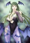  bare_shoulders bat_wings breasts bridal_gauntlets cleavage cowboy_shot demon_girl elbow_gloves fingerless_gloves gloves green_eyes green_hair head_wings juliejulie large_breasts leotard long_hair morrigan_aensland pantyhose print_pantyhose solo succubus vampire_(game) wings 