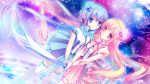  aoki_lapis blue_eyes blue_hair character_request dress gem headset holding kimishima_ao long_hair merli_(vocaloid) multiple_girls pink_eyes pink_hair striped striped_dress sword thigh-highs thighhighs tourmaline vocaloid weapon 