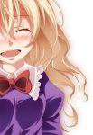  blonde_hair blush bowtie bust closed_eyes dress eyes_closed highres long_hair maribel_hearn open_mouth puffy_sleeves purple_dress s-syogo smile solo touhou 