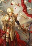  armor artist_name blonde_hair brown_eyes cup dantewontdie earrings fate/zero fate_(series) gauntlets gilgamesh highres holding jewelry male petals smile solo sword weapon 