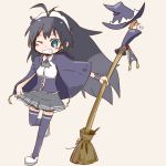  black_hair blue_eyes broom cape corset cosplay ganaha_hibiki grin hat idolmaster long_hair nosuke ponytail skirt skirt_hold smile solo standing_on_one_leg thigh-highs thighhighs wink witch_hat 