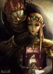  beard brown_hair corruption facial_hair ganondorf highres jewelry long_hair orange_hair pointing pointy_ears princess_zelda sword the_legend_of_zelda twilight_princess weapon 