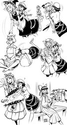  breast_grab breasts futatsuiwa_mamizou greyscale hakurei_reimu hat highres hug japanese_clothes kirisame_marisa kochiya_sanae konpaku_youmu miko miyako_yoshika monochrome portal ragathol saigyouji_yuyuko smile tail tail_hug touhou witch witch_hat yakumo_yukari 