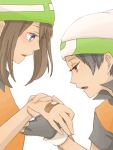  1girl bandaid bandana bandanna black_hair blue_eyes blush brown_hair gloves haruka_(pokemon) haruka_(pokemon)_(remake) haruka_(pokemon_emerald) hat holding koutetsu_(tegaki) pokemon pokemon_(game) pokemon_rse red_eyes tegaki yuuki_(pokemon) yuuki_(pokemon)_(remake) yuuki_(pokemon_emerald) 