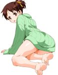  barefoot brown_hair feet hirasawa_ui k-on! naked_sweater ponytail pov_feet ribbed_sweater shinama short_hair simple_background soles solo sweater toes white_background 