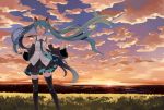  aqua_hair bare_shoulders black_legwear closed_eyes cloud clouds detached_sleeves eyes_closed grass harano hatsune_miku long_hair nail_polish necktie open_mouth pleated_skirt skirt sky solo sunset thigh-highs thighhighs twintails very_long_hair vocaloid wind zettai_ryouiki 