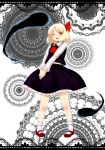  abstract_background bad_id blonde_hair darkness hair_ribbon highres kske lace_border mary_janes orange_eyes ribbon rumia shoes skirt smile solo touhou v_arms wink youkai 