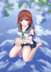  absurdres amayofuu barefoot blue_eyes bra breasts brown_hair cleavage cupping_hands flower hand_cup hands_together highres hydrangea lingerie long_hair original parted_lips reflection ripples school_uniform see-through serafuku sitting skirt smile solo underwear wariza water wet wet_clothes 