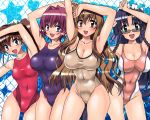  4girls amamiya_shiina anzu_(onelelee) arms_up black_eyes black_hair blue_eyes blue_hair braid breasts brown_eyes brown_hair censored competition_swimsuit fang large_breasts long_hair maid_headdress multiple_girls nanashiro_nanami nogizaka_haruka nogizaka_haruka_no_himitsu nogizaka_mika one-piece_swimsuit open_mouth purple_hair red_hair short_hair small_breasts smile sunglasses swimsuit take_your_pick twin_braids twintails 
