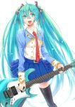  absurdres ahoge appleruby aqua_eyes aqua_hair belt character_name electric_guitar guitar hair_ribbon hatsune_miku highres instrument long_hair necktie open_mouth plectrum ribbon simple_background skirt solo thigh-highs thighhighs transparent_background twintails very_long_hair vocaloid white_background 