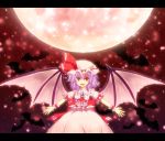  bat bat_wings blue_hair bow dress fang hat highres moon open_mouth raira red_eyes remilia_scarlet ribbon short_hair smile solo touhou wings wrist_cuffs 