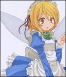  apron blonde_hair blue_dress bow dress extra fairy fairy_maid fairy_wings maid maid_headdress marker_(medium) open_mouth red_eyes s-syogo shikishi short_hair solo touhou traditional_media wings 