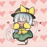  blush bow chibi closed_eyes dekasudachin eyes_closed floral_print hands_on_own_cheeks hands_on_own_face hat hat_bow heart heart_of_string komeiji_koishi open_mouth shirt short_hair silver_hair skirt smile solo standing_on_one_leg third_eye touhou 