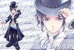  adjusting_hat black_hair character_name expressionless feathers formal frederic_chopin grey_eyes hat male pants pocket_watch rie_(minori) shoes solo staff suit top_hat trusty_bell watch zoom_layer 