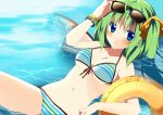  bare_shoulders bikini blue_eyes blush bow bracelet breasts cleavage daiyousei emyu front-tie_top fujishiro_emyu green_hair hair_bow innertube jewelry looking_at_viewer midriff navel partially_submerged short_hair side_ponytail solo striped striped_bikini striped_swimsuit sunglasses sunglasses_on_head swimsuit touhou water wings 