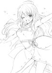  ;d ahoge armpits elbow_gloves gloves hoshii_miki idolmaster kurimomo long_hair monochrome open_mouth ribbon sketch smile solo wink 