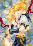  1girl belt blonde_hair blue_eyes blush bow brother_and_sister buckle elbow_gloves gloves incest incipient_kiss kagamine_len kagamine_rin short_hair shorts siblings twincest twins vocaloid yukaxcat 