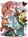  bad_id butterfly candle cherry_blossoms ghost hat highres hitodama japanese_clothes lantern obi paper_lantern petals pink_eyes pink_hair ringetsumon round_window saigyouji_yuyuko shoes short_hair solo touhou tree triangular_headpiece window 
