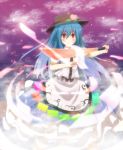  1girl blue_hair blush dress food fruit hat highres hinanawi_tenshi long_hair peach raira red_eyes sword_of_hisou touhou weapon 