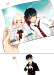  2boys ao_no_exorcist artist_request black_hair blonde_hair blue_eyes chinese glasses green_eyes long_coat moriyama_shiemi multiple_boys necktie okumura_rin okumura_yukio photo photo_(object) pointy_ears pov ripping school_uniform short_hair striped striped_necktie 