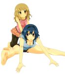  barefoot blonde_hair blue_hair braid breasts brown_eyes casual cleavage collarbone feet furutani_himawari hair_ornament hairband hairclip highres leaning_forward leggings multiple_girls oomuro_sakurako pushing simple_background soles stretch toes twin_braids white_background yamanekoka yuru_yuri 