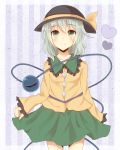  bow green_eyes green_hair guitar-120n hat hat_bow heart komeiji_koishi skirt smile solo striped striped_background third_eye touhou vertical_stripes 