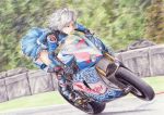  braid gloves izayoi_sakuya jacket knee_pads maid_headdress motor_vehicle motorcycle riding road rpracing short_hair touhou traditional_media vehicle wheelie white_hair 