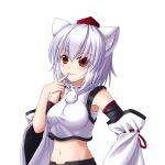  absurdres animal_ears breasts bust chien_zero detached_sleeves finger_to_mouth hat highres inubashiri_momiji lips midriff navel red_eyes sarashi short_hair silver_hair simple_background smile solo tokin_hat touhou transparent_background wide_sleeves wolf_ears 