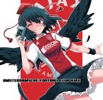  afc_ajax ajax_amsterdam black_hair black_legwear camera clothes_writing feathers fujii_jun hat hat_ribbon red_eyes ribbon shameimaru_aya shirt skirt skirt_lift smile soccer_uniform solo tokin_hat touhou wind_lift wink 