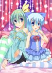  alternate_costume bad_id bare_shoulders blue_eyes blue_hair blue_legwear blush bow bracelet cirno daiyousei dress fujisaki_kaon garter_straps green_hair green_legwear hair_bow hairband jewelry long_hair multiple_girls necklace short_hair shorts sitting smile striped striped_legwear thigh-highs thighhighs touhou 