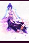  1girl alt_(apou) black_hair blue_hair breasts closed_eyes coat couple eyes_closed gloves hair_bun highres judith kneeling letterboxed long_hair pointy_ears red_eyes smile tales_of_(series) tales_of_vesperia twintails white_background yuri_lowell 