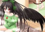  1girl akou_roushi bare_legs bare_shoulders black_hair black_wings blush bow breasts cat_tail hair_bow kaenbyou_rin large_breasts long_hair looking_at_viewer multiple_girls multiple_tails naked_sweater off_shoulder open_mouth panties panty_pull ponytail red_eyes reiuji_utsuho ribbed_sweater ribbon sitting smile solo steam sweater tail third_eye touhou underwear undressing very_long_hair wings 