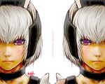  bad_id bangs bare_shoulders blush choker dark_skin face grey_hair hebina_masayoshi lips maid_headdress multiple_girls phantasy_star phantasy_star_online purple_eyes racaseal serious short_hair signature simple_background symmetry text violet_eyes white_background 