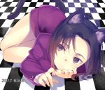  animal_ears black_eyes black_hair cat_ears cat_tail checkered checkered_floor dated kujou_subaru no_pants on_side sakura_taisen sakura_taisen_v short_hair smile solo tail yuraiko 