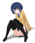  1girl absurdres ano_natsu_de_matteru black_legwear blue_eyes blue_hair highres panties pantyshot pleated_skirt polka_dot polka_dot_panties ribbon school_uniform short_hair sitting skirt smile solo sweater tanigawa_kanna thigh-highs thighhighs underwear 