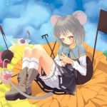  animal_ears basket bloomers blush boots capelet chika_(orange_pop) dress flower grey_hair jewelry mouse mouse_ears mouse_tail musical_note nazrin red_eyes short_hair sitting sky smile solo steepled_fingers tail touhou 