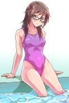  arm_support brown_eyes brown_hair closed_eyes competition_swimsuit e20 eyes_closed feet_in_water glasses houzumi_satsuki long_hair one-piece_swimsuit original pink_swimsuit soaking_feet speedo_(company) swimsuit water 