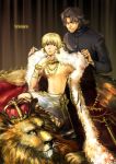  blonde_hair bracelet brown_hair cape cross crown earrings fate/stay_night fate/zero fate_(series) gilgamesh jewelry kotomine_kirei lion male multiple_boys necklace red_eyes rickar robe shirtless time_paradox title_drop 