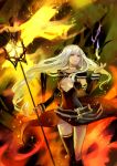  absurdres asukaziye asymmetrical_legwear breasts cleavage cleavage_cutout detached_sleeves fire highres long_hair pixiv_fantasia pixiv_fantasia_wizard_and_knight silver_hair staff white_hair yellow_eyes 