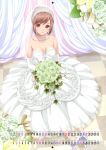  bare_shoulders bouquet breasts bridal_veil brown_hair calendar checkered checkered_floor cleavage drapes dress elbow_gloves flower from_above gloves high_heels highres holding jewelry koutaro looking_at_viewer looking_up necklace original red_eyes rose scan shiny shiny_skin shoes short_hair sitting skindentation smile veil wedding_dress 