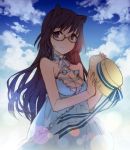  animal_ears bare_shoulders black_hair blue_dress blue_eyes blue_sky breasts cat_ears cleavage cloud clouds dress glasses h2so4 hat hat_removed headwear_removed highres light_smile long_hair looking_at_viewer original semi-rimless_glasses sky smile solo under-rim_glasses 
